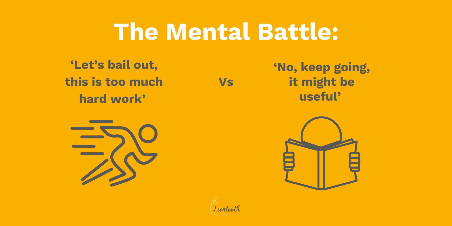An image showing the 'let's run, this is too hard' Vs 'no, this is good, keep reading' mental battle for marketing audiences by Liontooth
