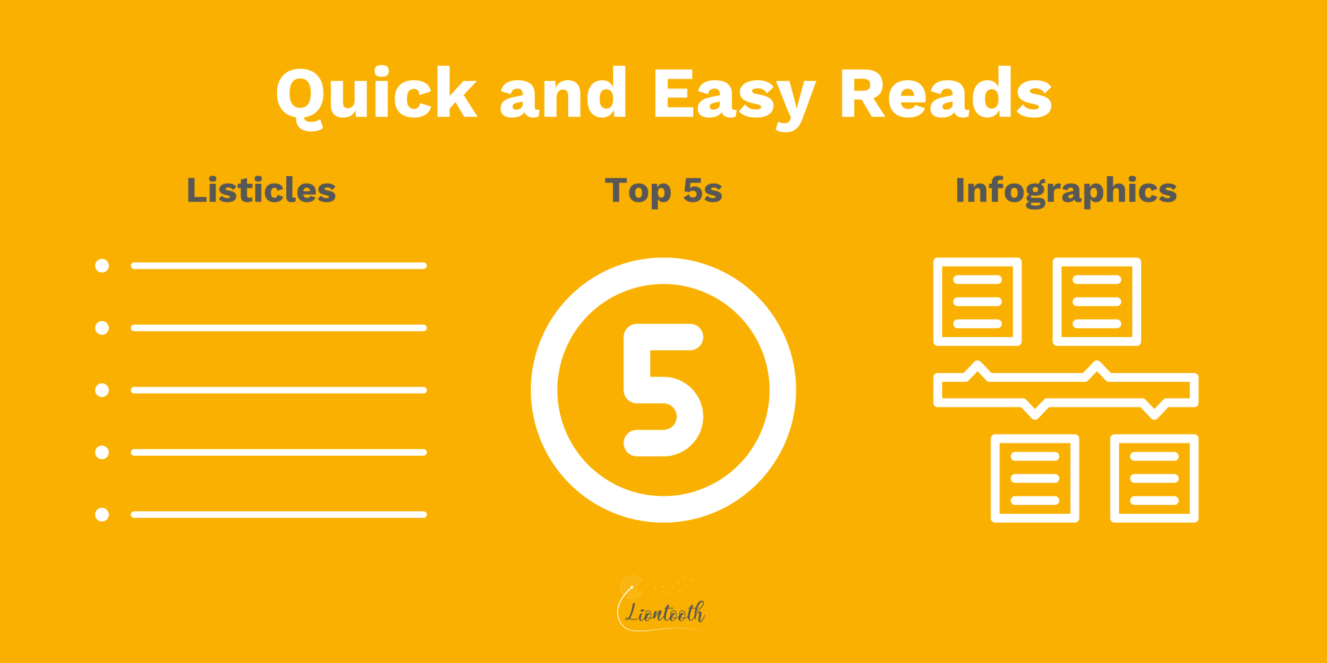 An image showing Liontooth's recommendations for easy to digest content marketing - listicles, top 5 and infographics