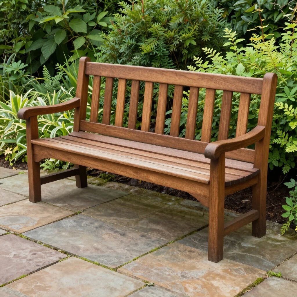 Houten tuinbank op een stenen terras, omgeven door groen.