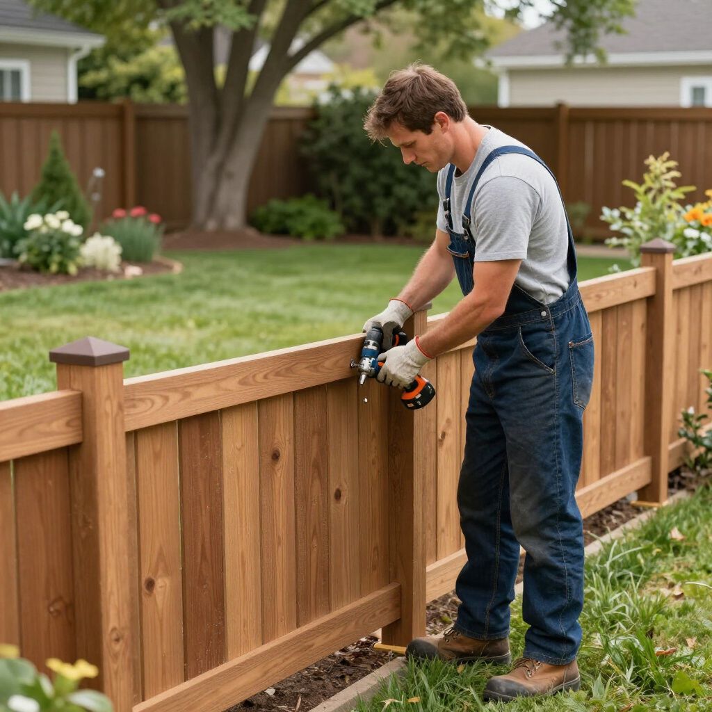 Een man in een overall gebruikt een boormachine om een ​​houten schutting in een tuin te plaatsen.