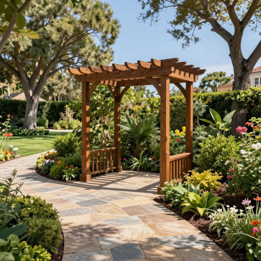 Een houten pergola in een weelderige tuin.
