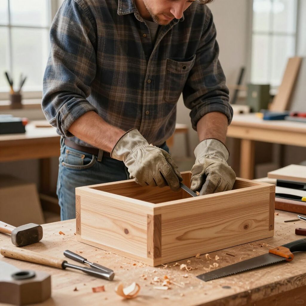 Een man gebruikt een beitel en hamer om een ​​houten kist te bewerken in een werkplaats.