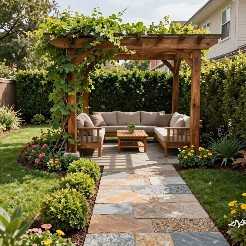 Een houten pergola met comfortabele zitkussens in een tuin, met een pad ernaartoe, omgeven door groen en bloemen.