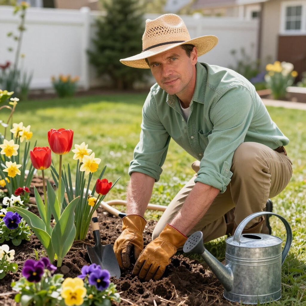 Een man met een strohoed is aan het tuinieren in een bloembed, houdt een troffel vast en kijkt naar de camera.