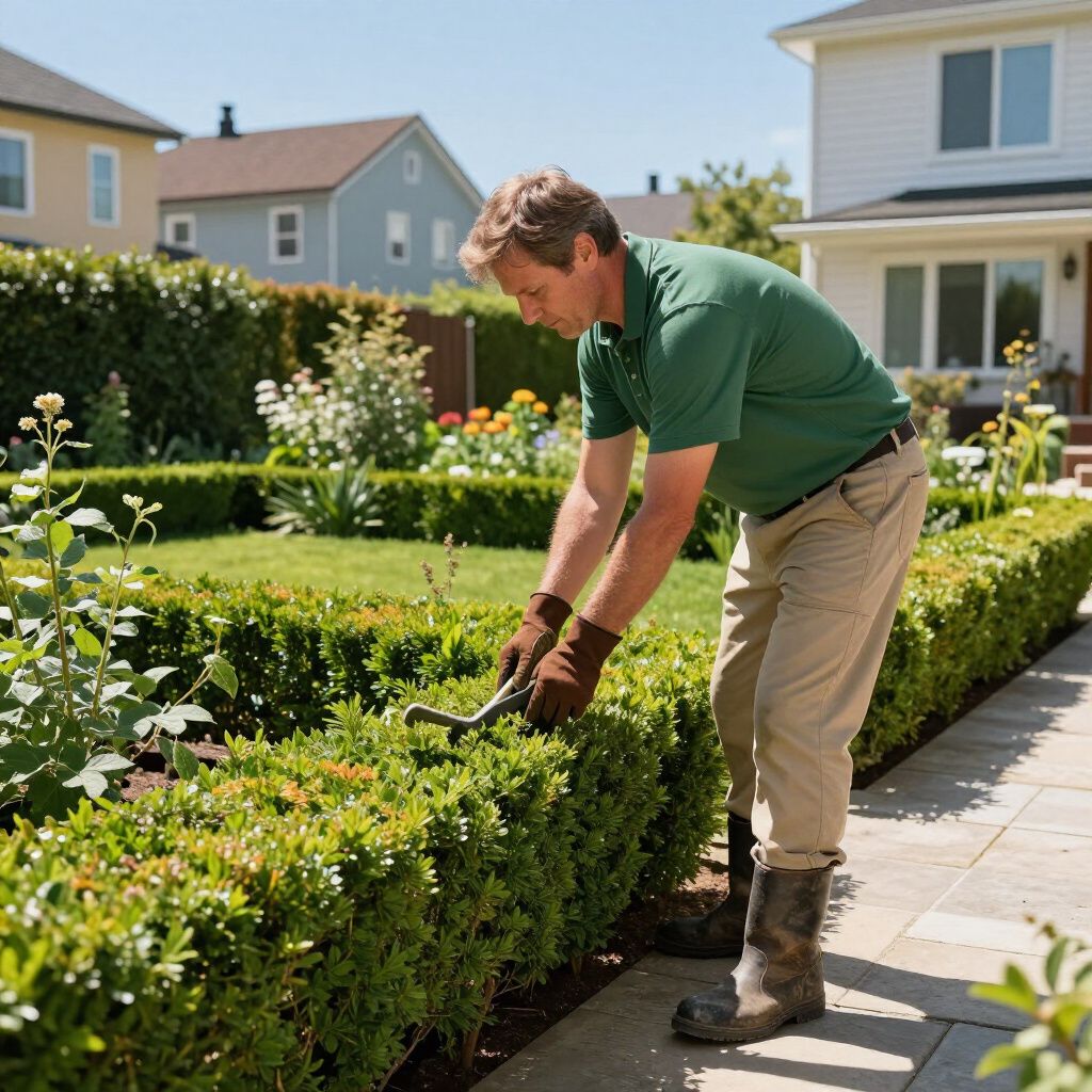 Een man snoeit een heg met een snoeischaar in een zonnige tuin; hij draagt ​​een groen shirt en een kaki broek.