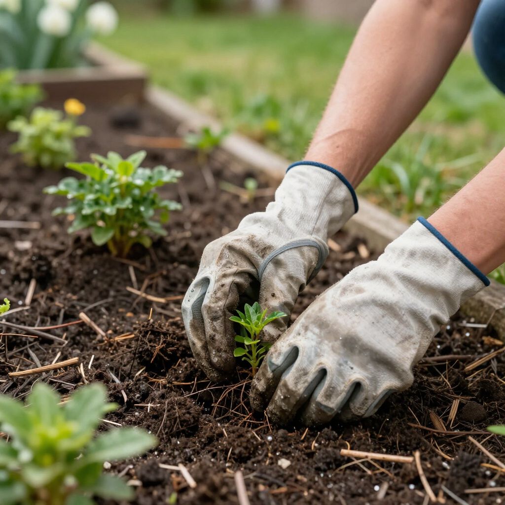 Een persoon met tuinhandschoenen plant een klein zaadje in een tuinbed.