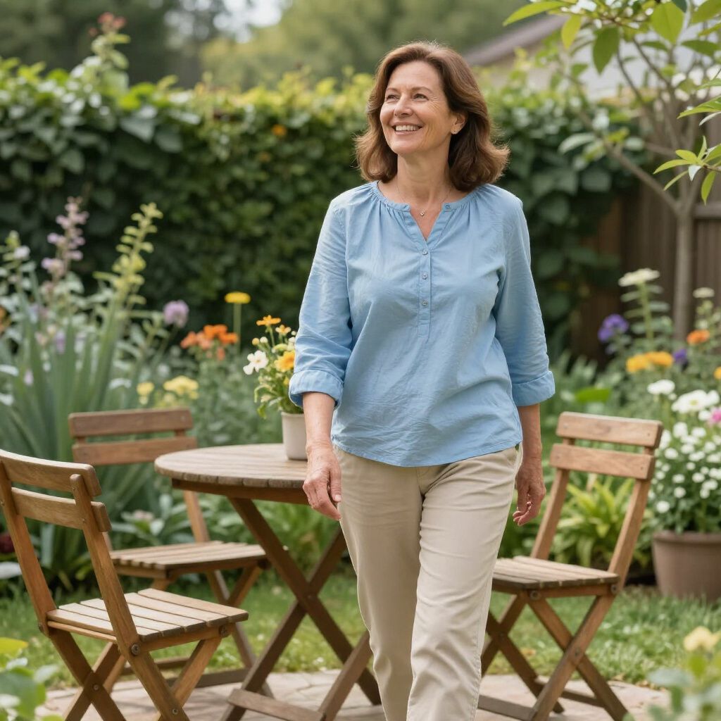 Een vrouw in een blauwe blouse en kaki broek loopt door een zonnige tuin en staat glimlachend bij een tafel en stoelen.