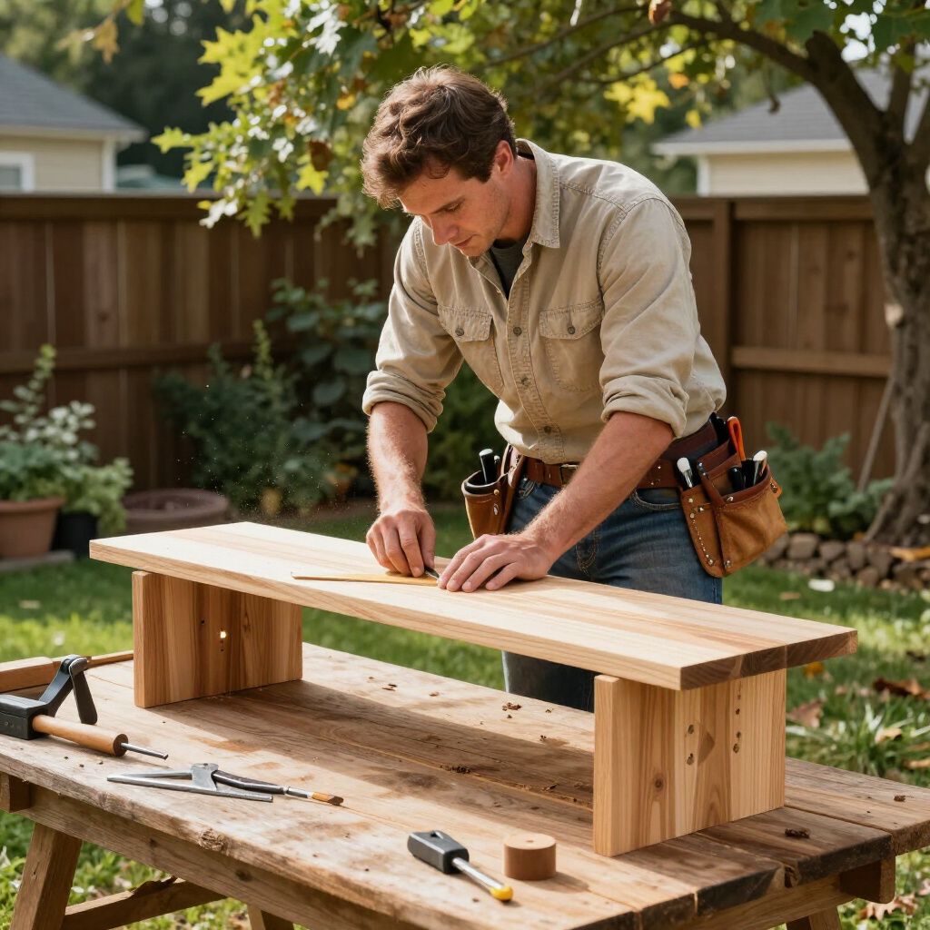 Een man bouwt buiten een houten bank met behulp van gereedschap op een houten tafel.