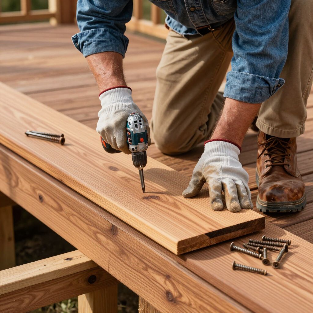 Een persoon met werkhandschoenen gebruikt een boormachine om een ​​houten plank aan een terras vast te maken.