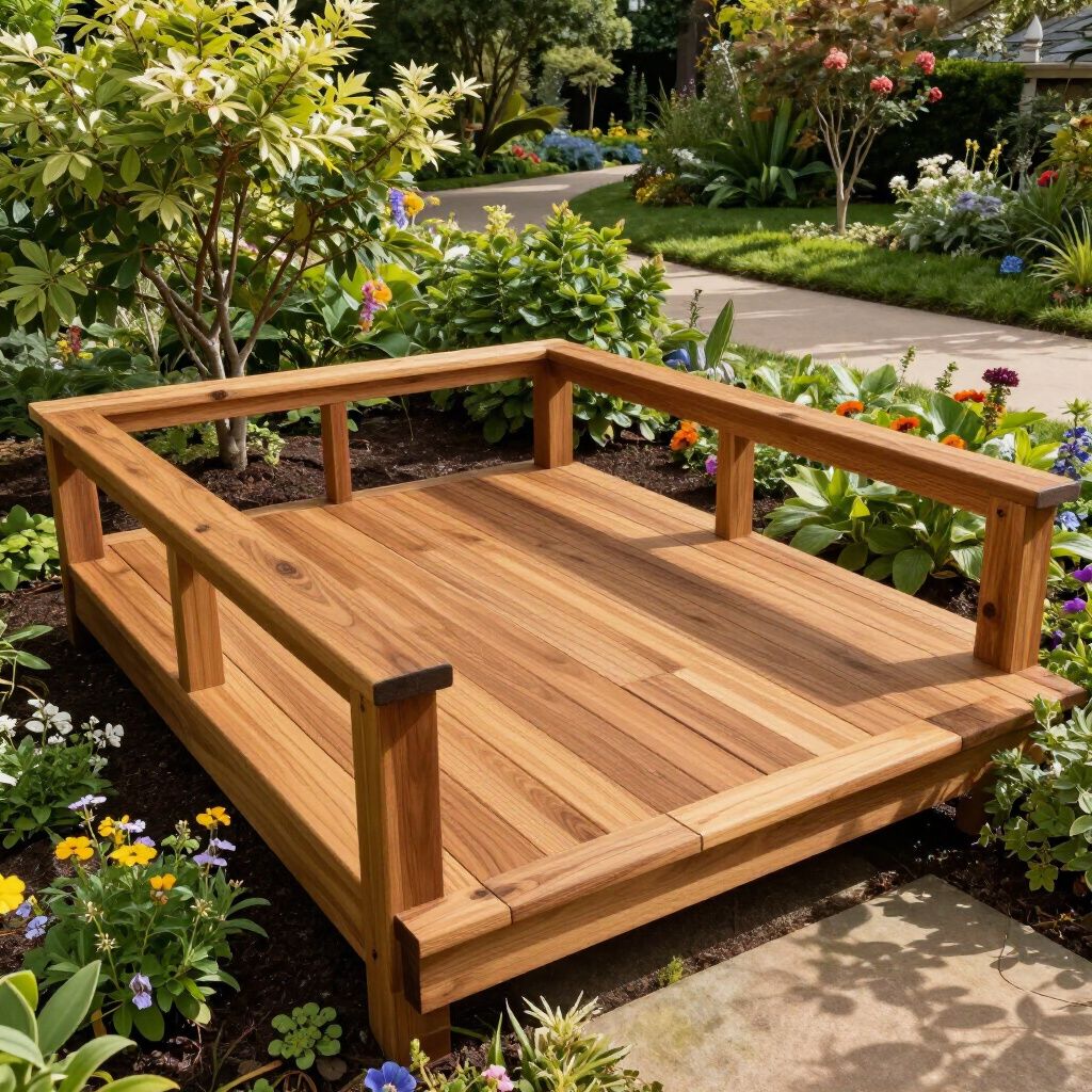 Houten platform met leuning in een bloementuin, pad op de achtergrond.