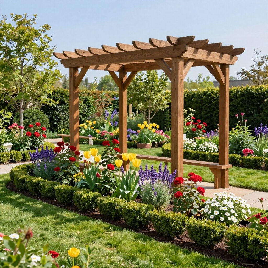Houten pergola in een tuin met kleurrijke bloemen, struiken en een bakstenen pad.