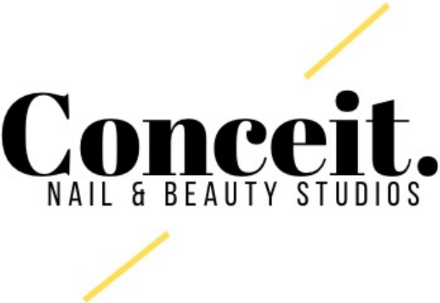 Logo for Conceit Nail & Beauty Studios: Black text with yellow diagonal lines on white background.