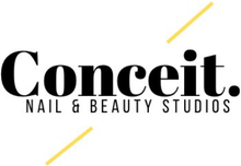 Logo for Conceit Nail & Beauty Studios: Black text with yellow diagonal lines on white background.