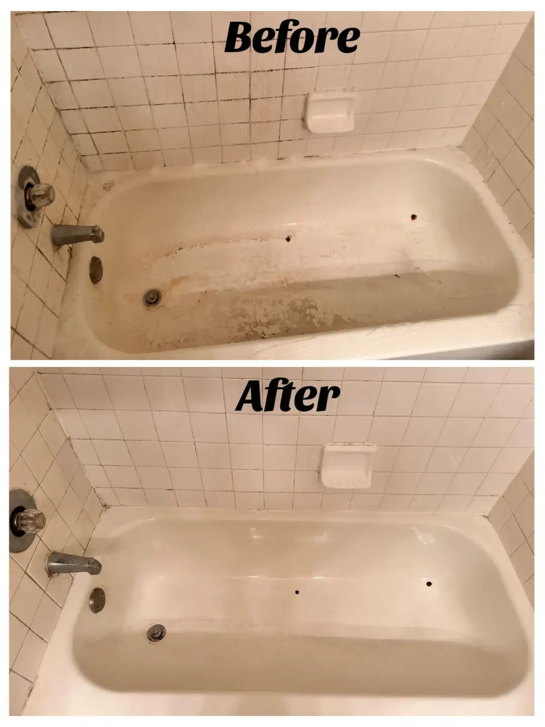 Before and after photos: a dirty bathtub is cleaned, showing significant improvement.