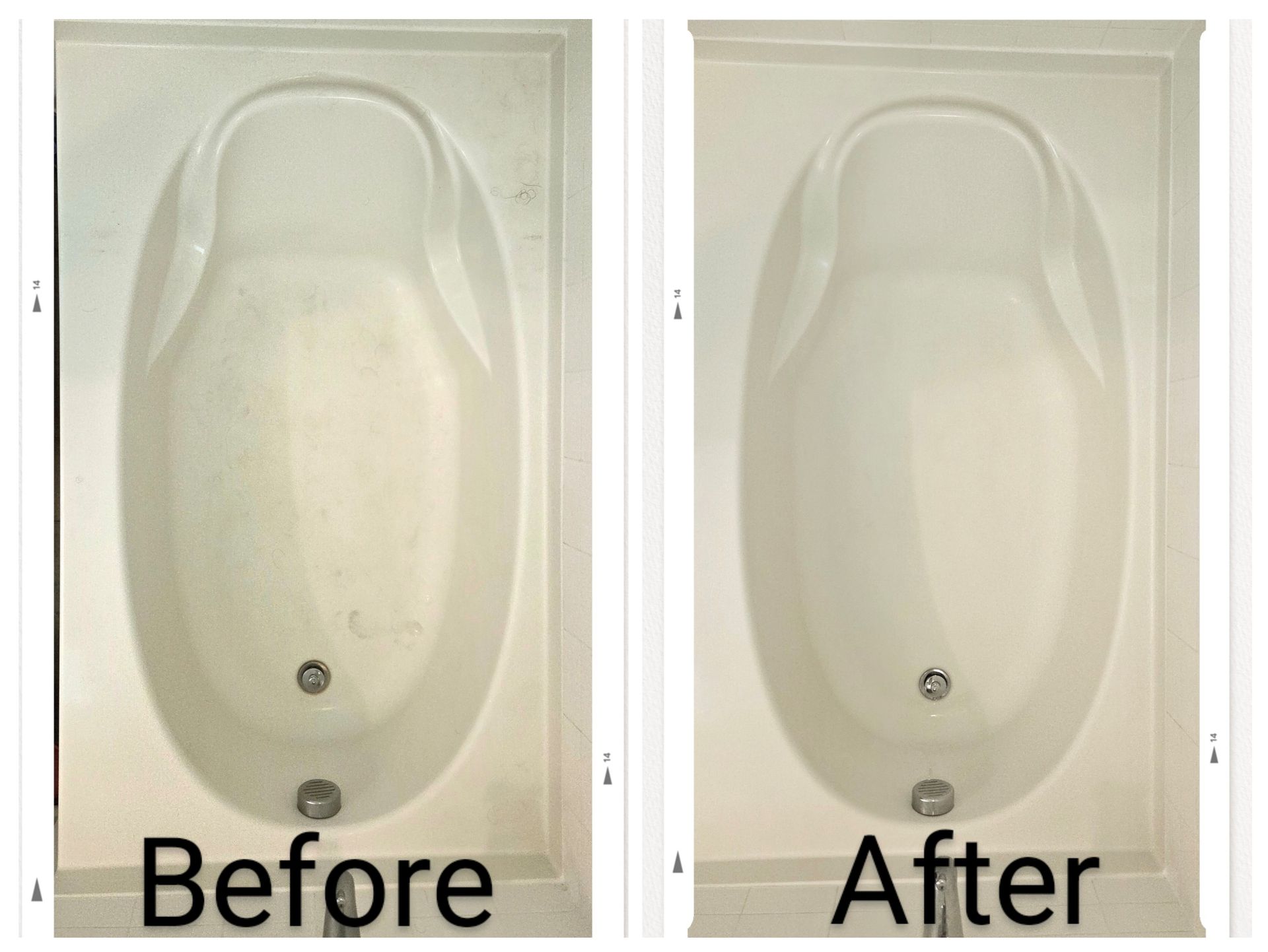 Before and after photos of a bathtub. The 