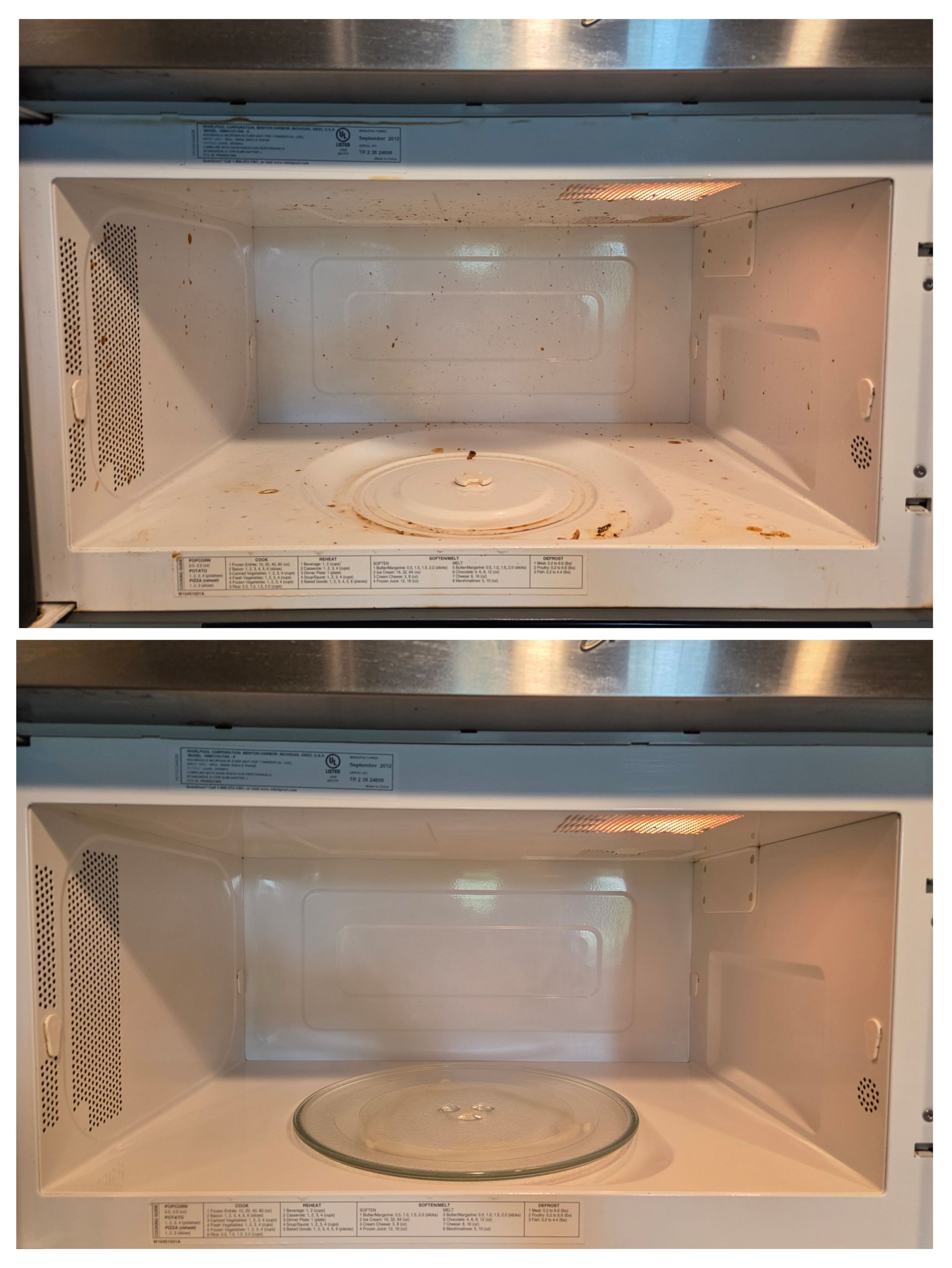 Top: Dirty microwave interior. Bottom: Clean microwave with glass plate.