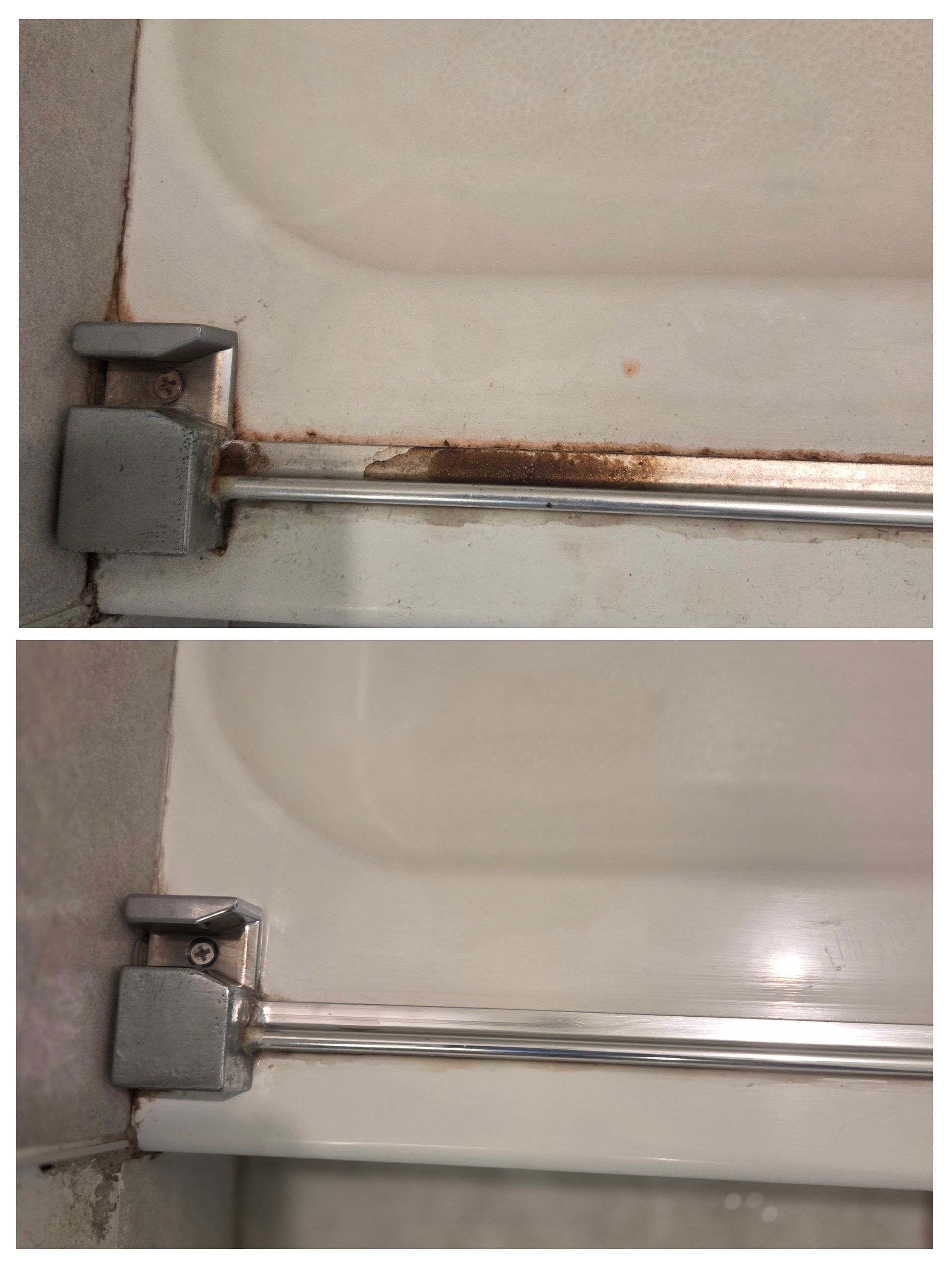 Before and after of a cleaned bathtub rail. The before has rust, the after is clean.