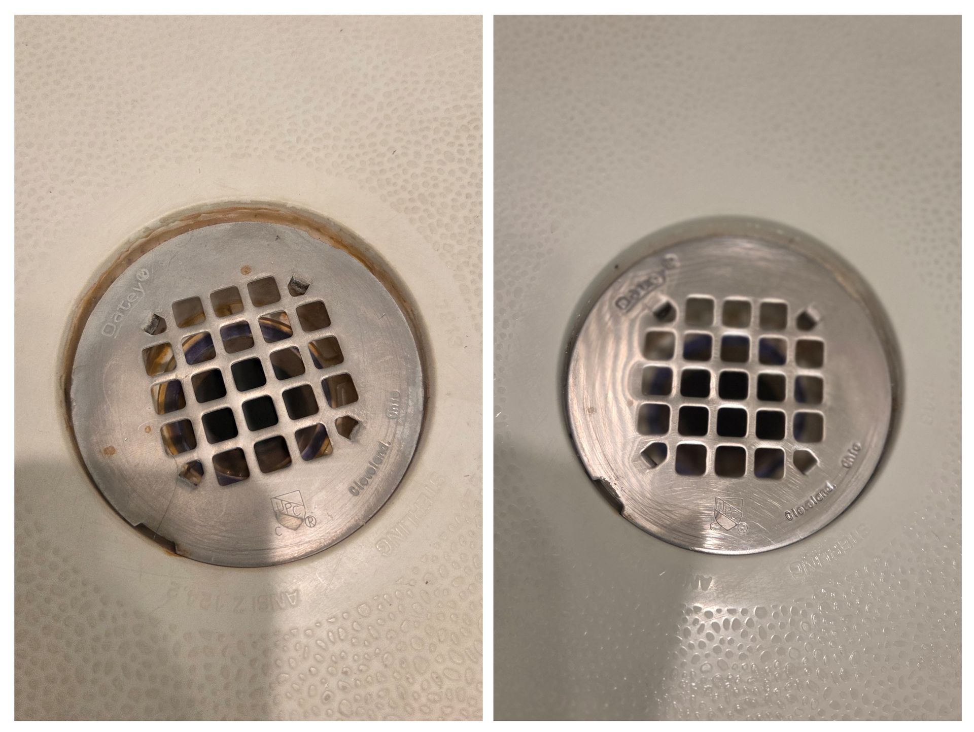 Two close-up images of a shower drain. The left drain is dirty, and the right one is clean.