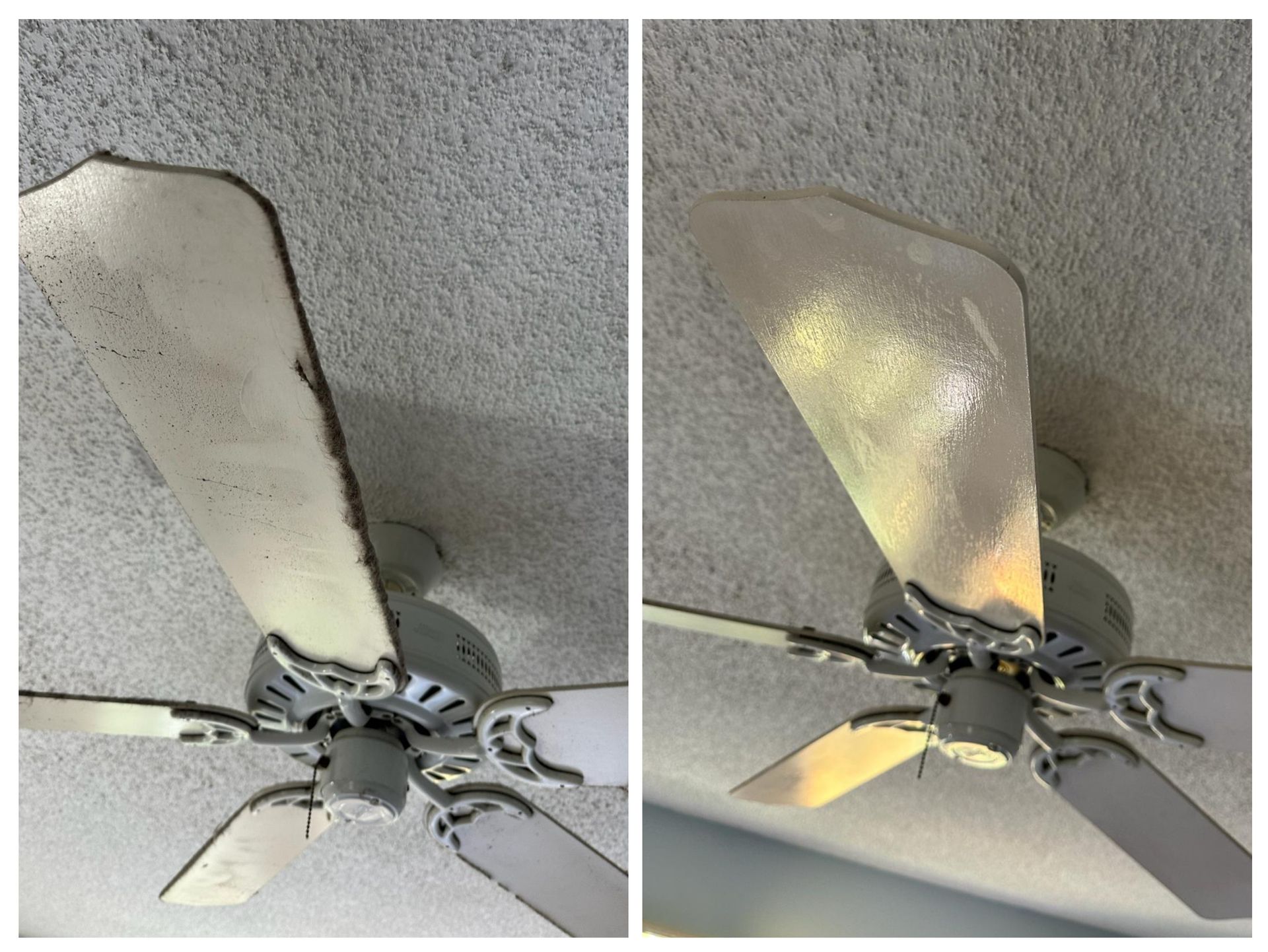 Before and after photos of a ceiling fan with dusty blades; cleaned fan is brighter.