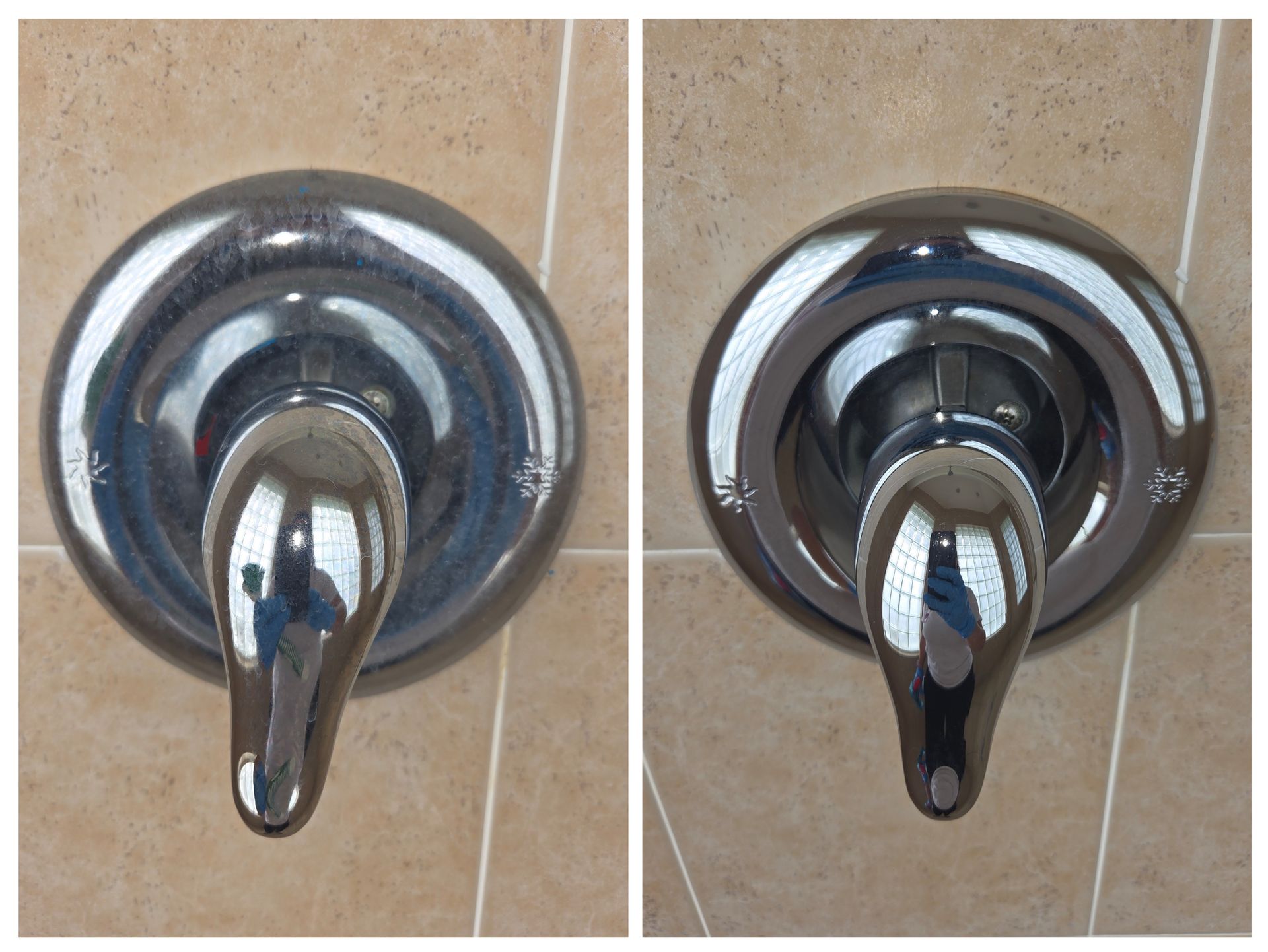 Shower faucet, left side shiny, right side showing internal parts.