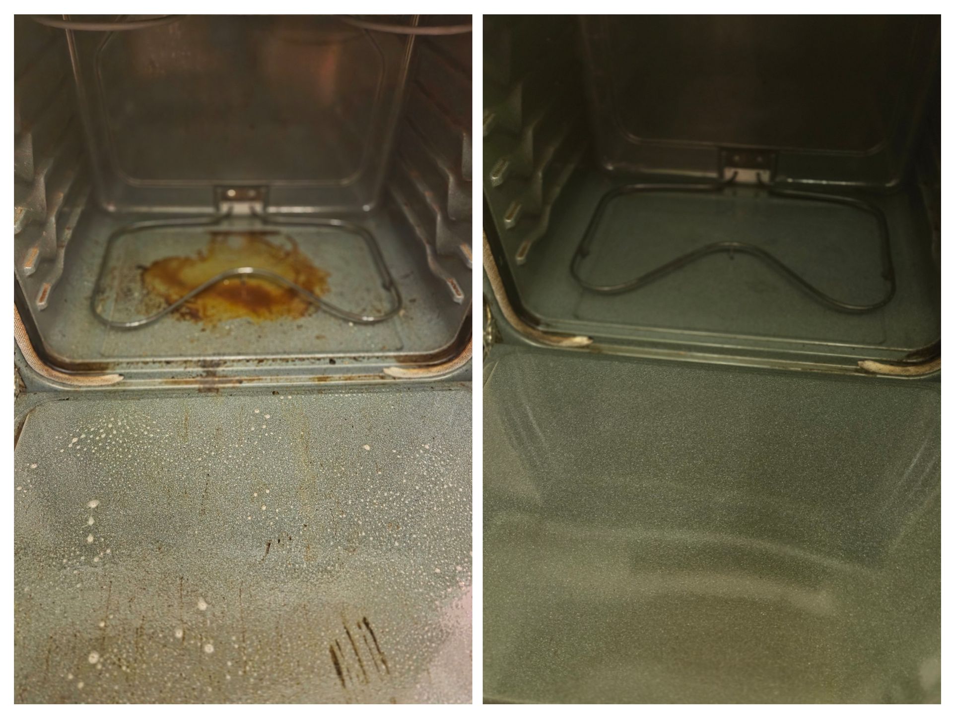 Comparison of a dirty oven before and after cleaning; shows the interior with a rack and heating element.