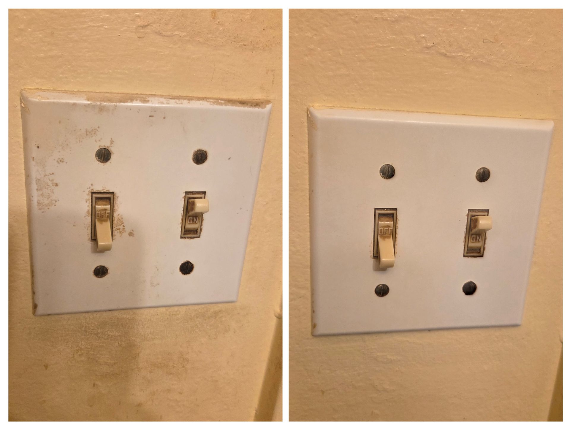 Two white light switch plates before and after cleaning, showing toggle switches against a beige wall.