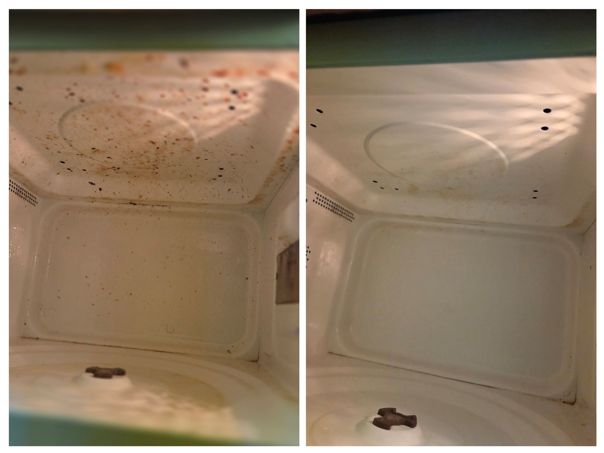 Inside of a microwave, before and after cleaning. The left shows a dirty microwave, and the right shows a clean microwave.