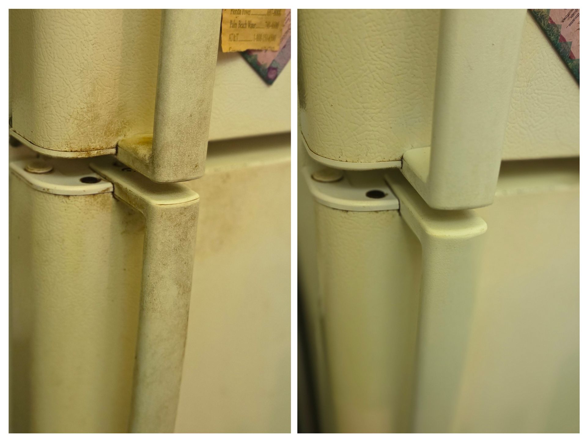 Before and after photos of a refrigerator door handle. The handle is cleaned of dark grime.