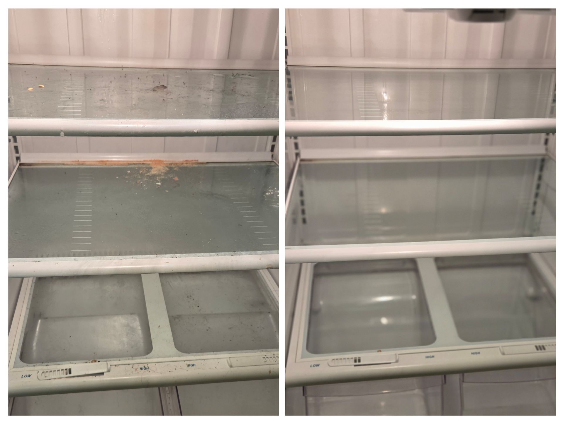 Refrigerator interior, before and after cleaning. Before, dirty shelves, after, clean and empty.