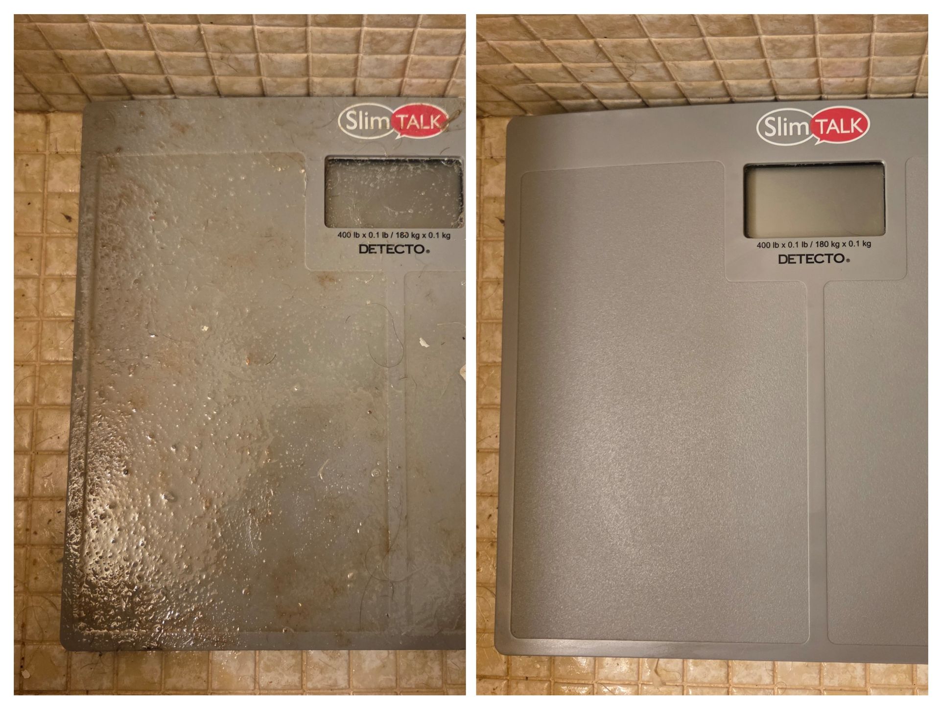 Before and after photos of a gray bathroom scale; the left covered in grime, the right clean.