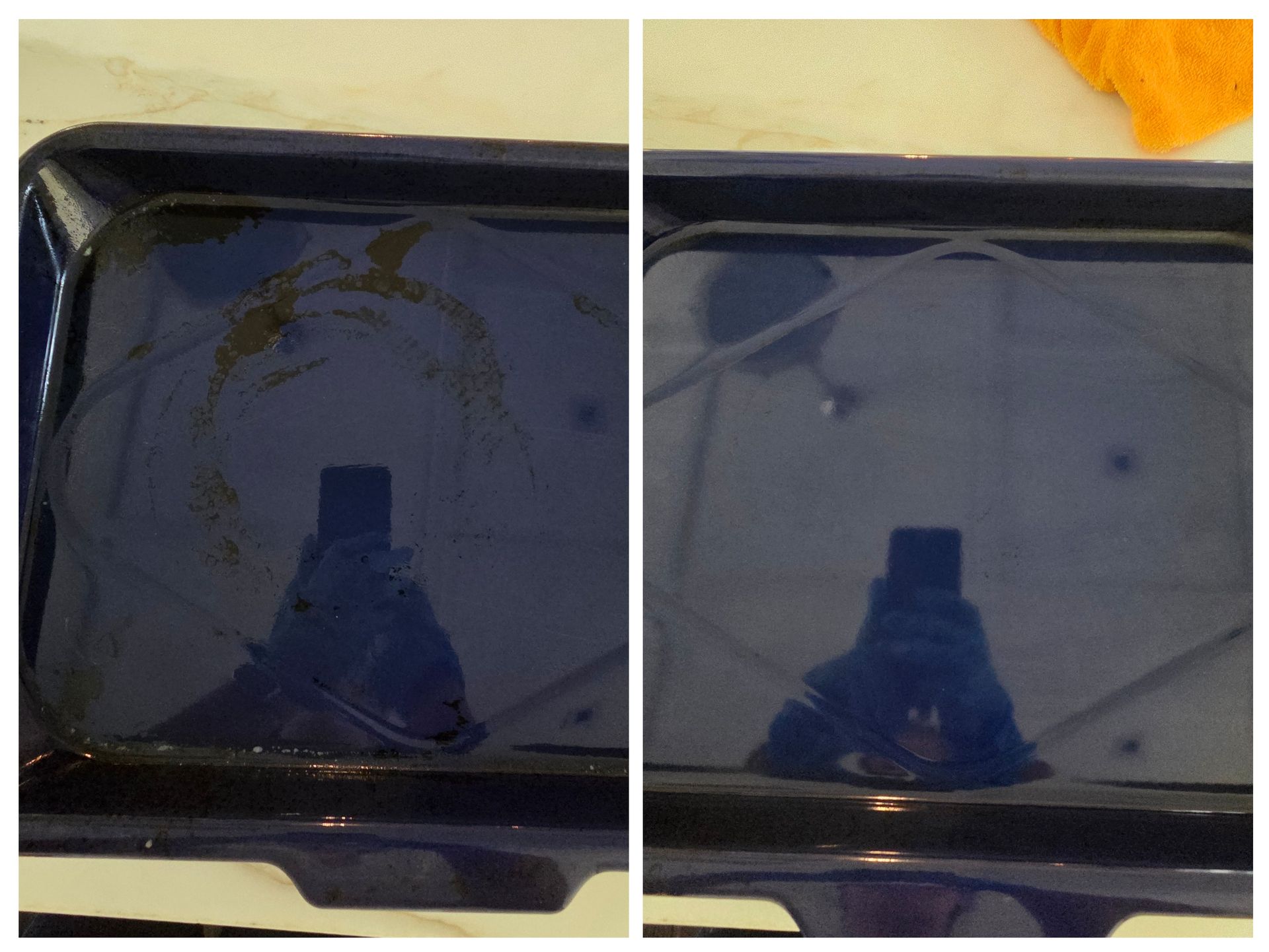 Before-and-after of a blue tray; left side dirty, right side clean, reflecting a person.