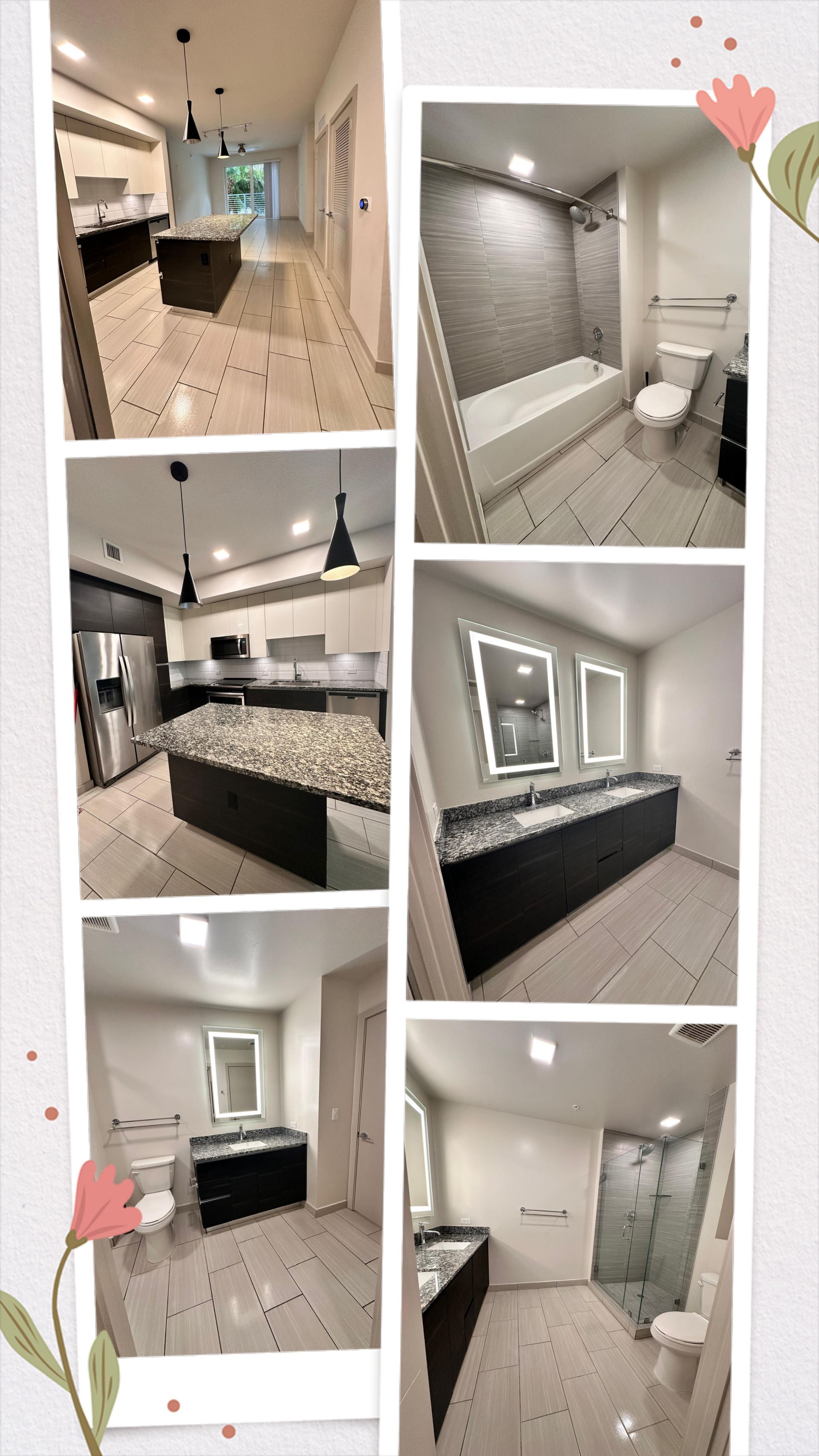 Collage of photos showcasing a modern home's kitchen and bathrooms with dark cabinets and light countertops.