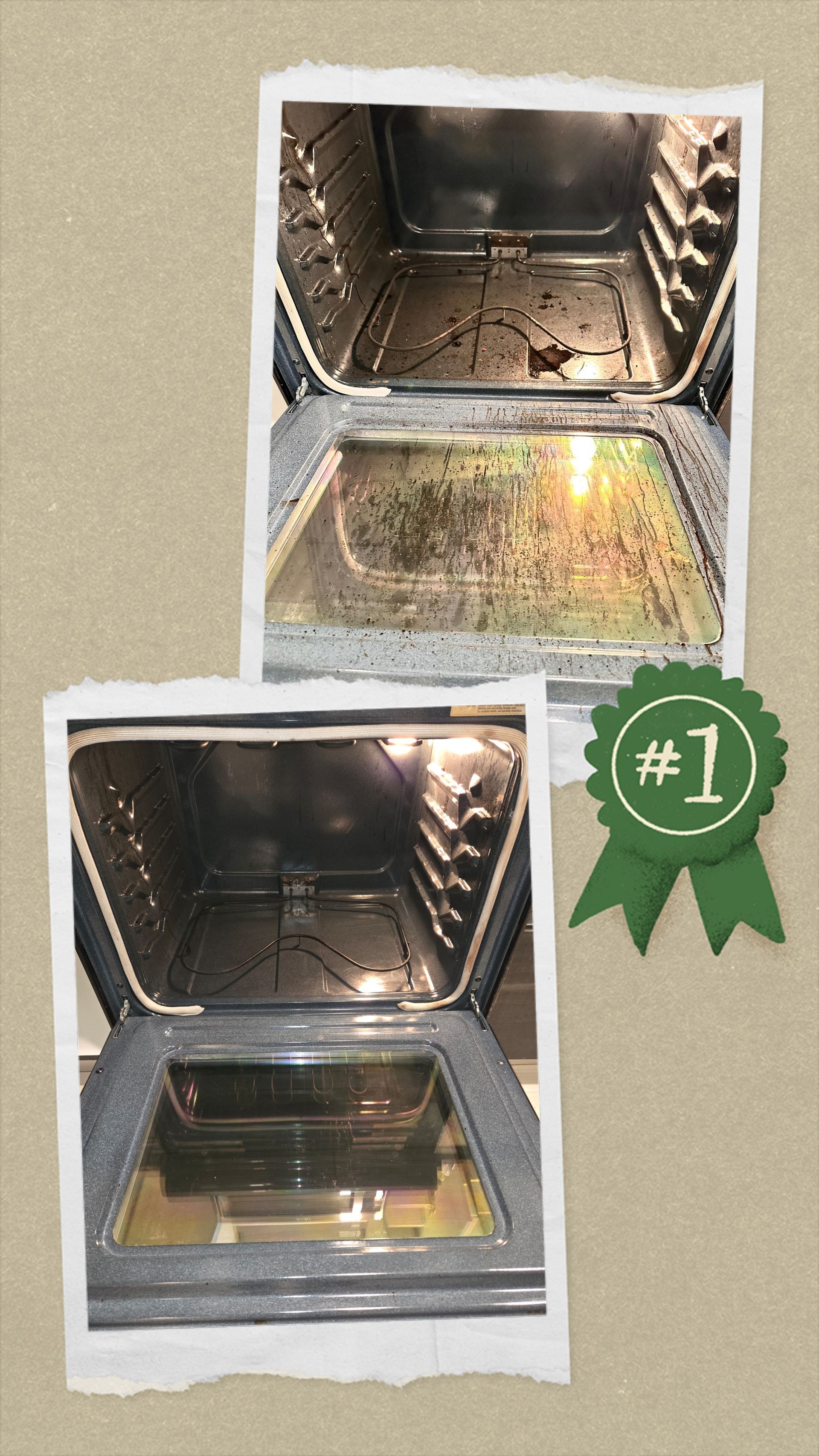 Before and after photos of a dirty oven interior cleaned to a pristine state, with a 