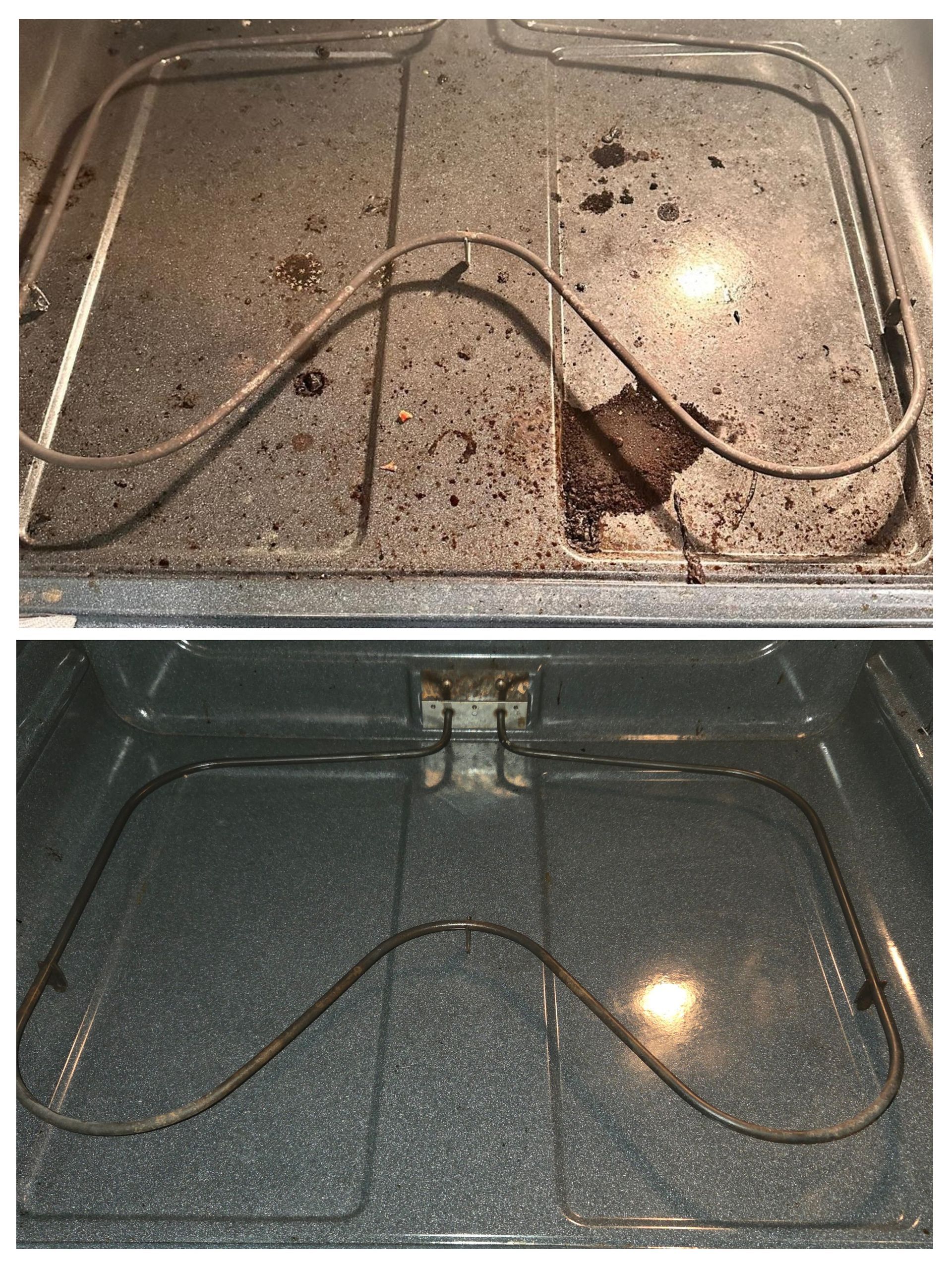 Before and after shots of an oven. Top image shows a dirty oven interior. Bottom image shows a clean oven interior.