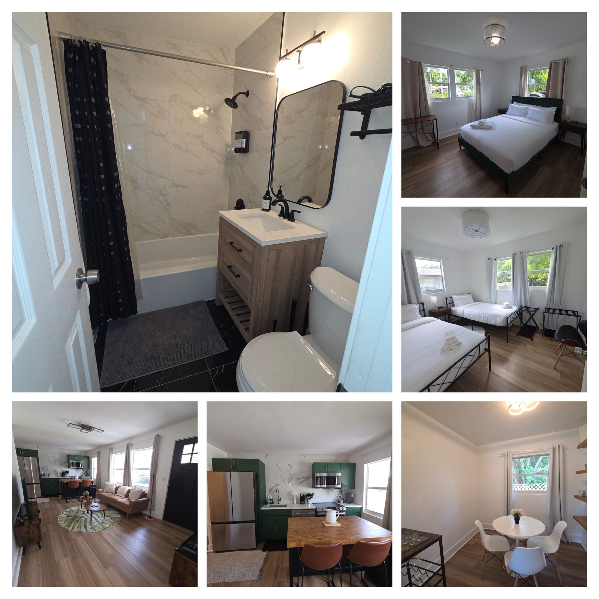 Collage of interior photos: bathroom, bedroom, kitchen, and living area with contemporary decor.