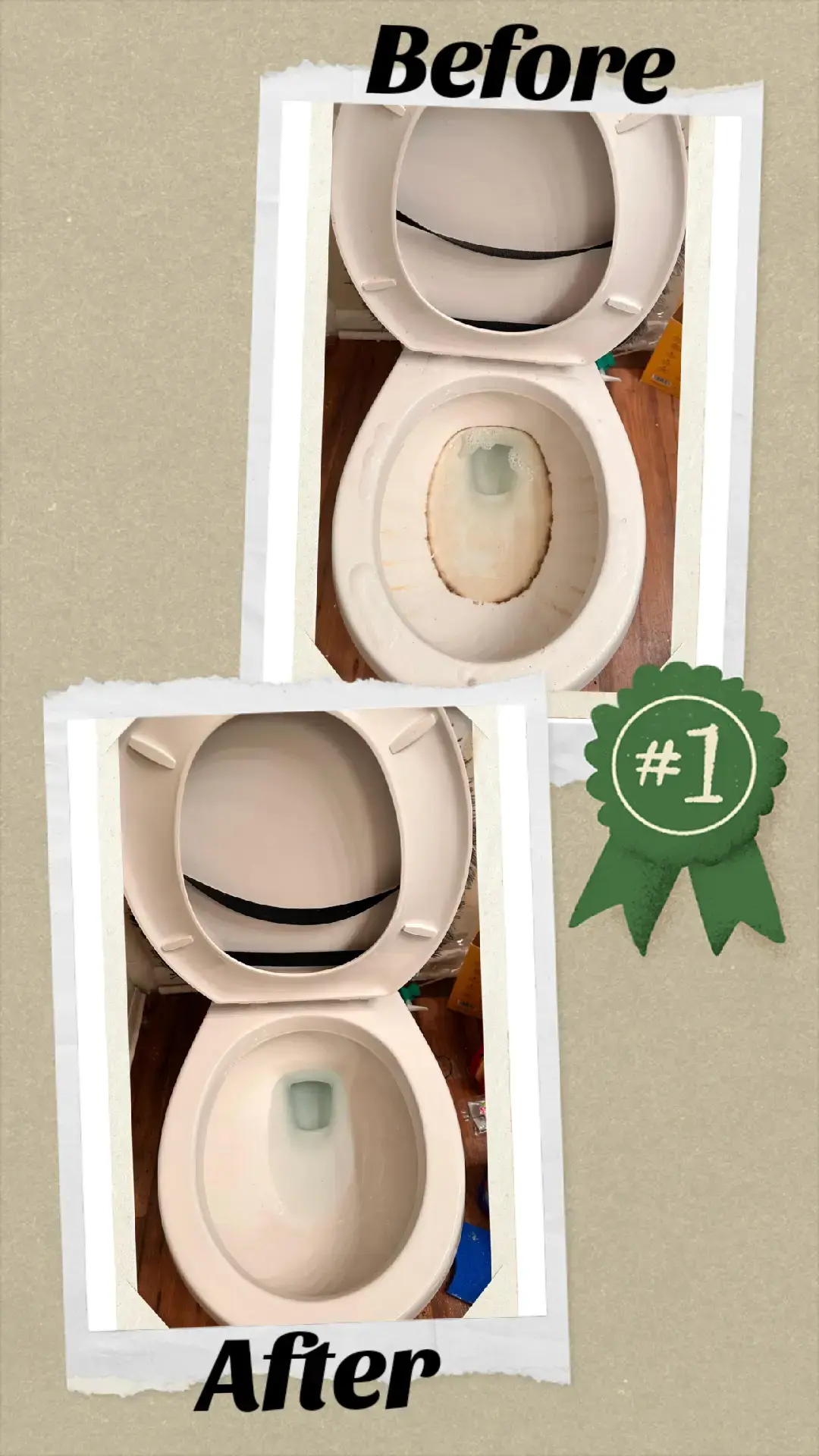 Before-and-after of a toilet cleaning. The 