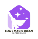 Purple logo: broom cleaning house with sparkle, "Liza's Magic Clean", "All we do is magic".