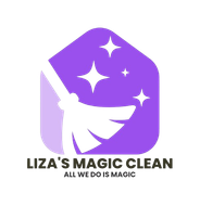 Purple logo: broom cleaning house with sparkle, "Liza's Magic Clean", "All we do is magic".