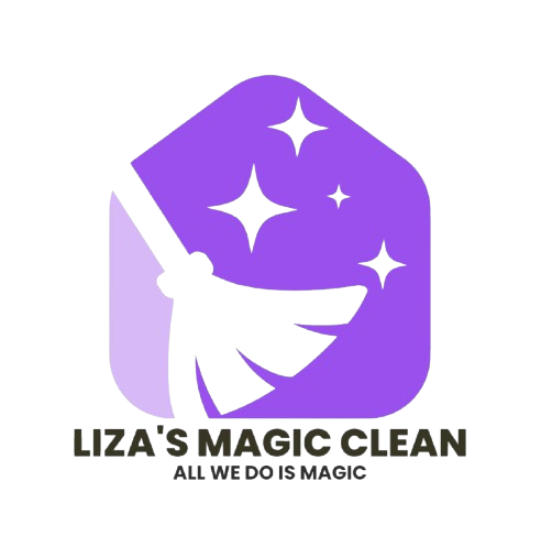 Purple logo: broom cleaning house with sparkle, "Liza's Magic Clean", "All we do is magic".
