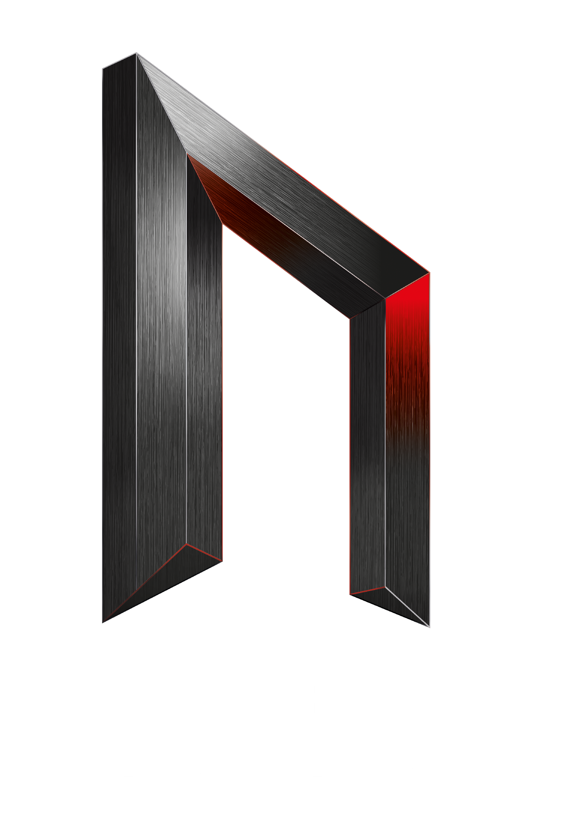 Stylized metallic rune symbol with red accents.