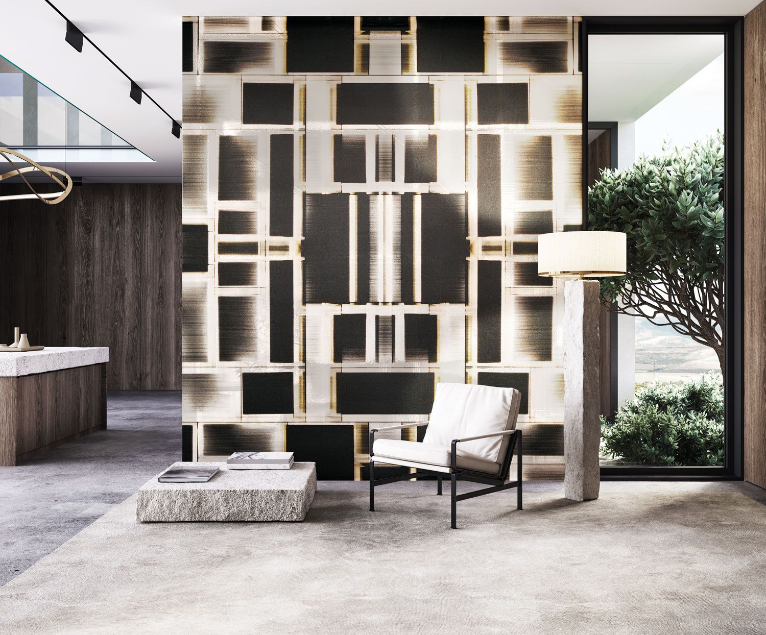 Interni moderni con pareti dal design artistico, sedia, tavolo in pietra e grande finestra con alberi.