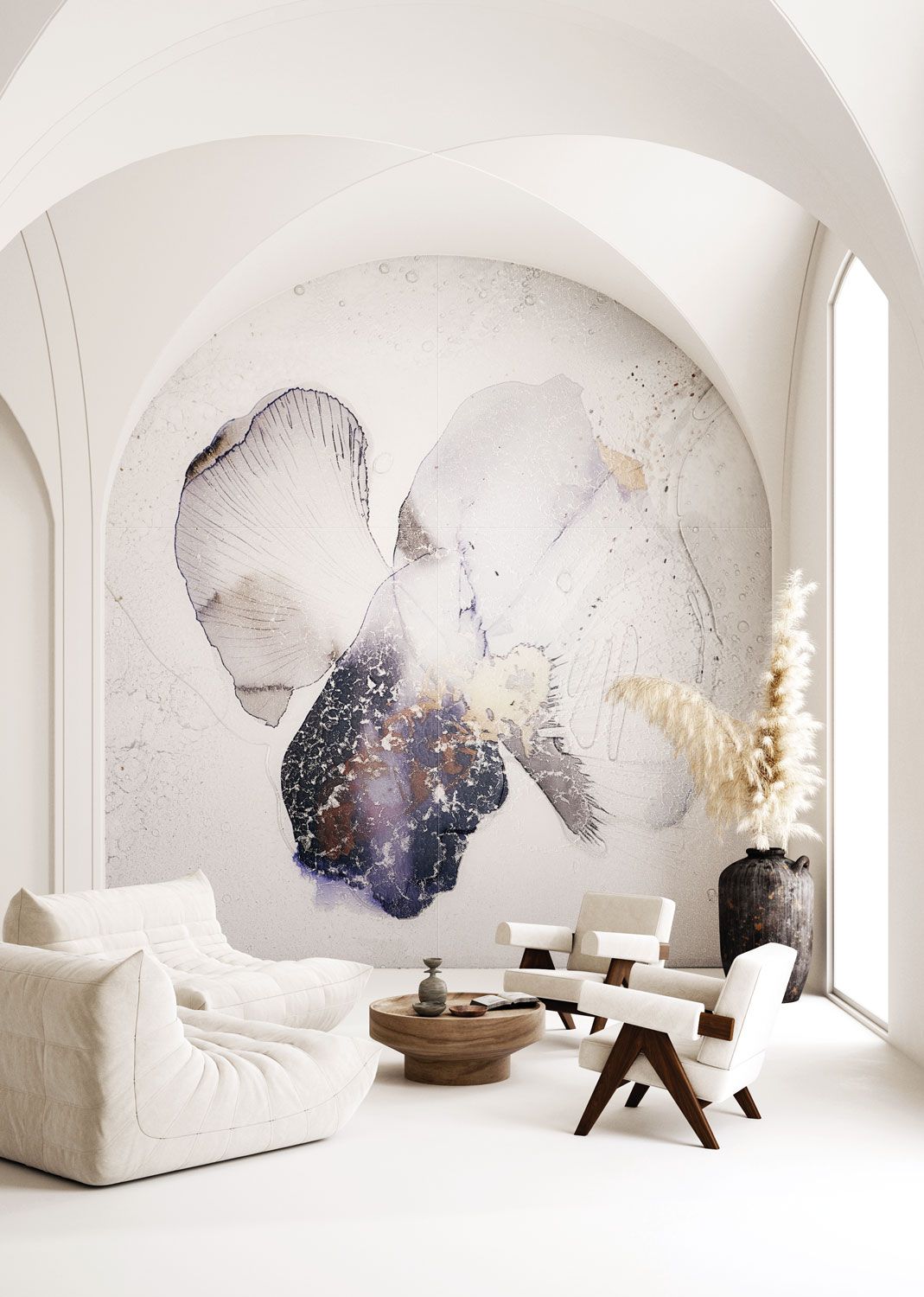 Accogliente soggiorno bianco con murale astratto, mobili chiari e vaso decorativo.