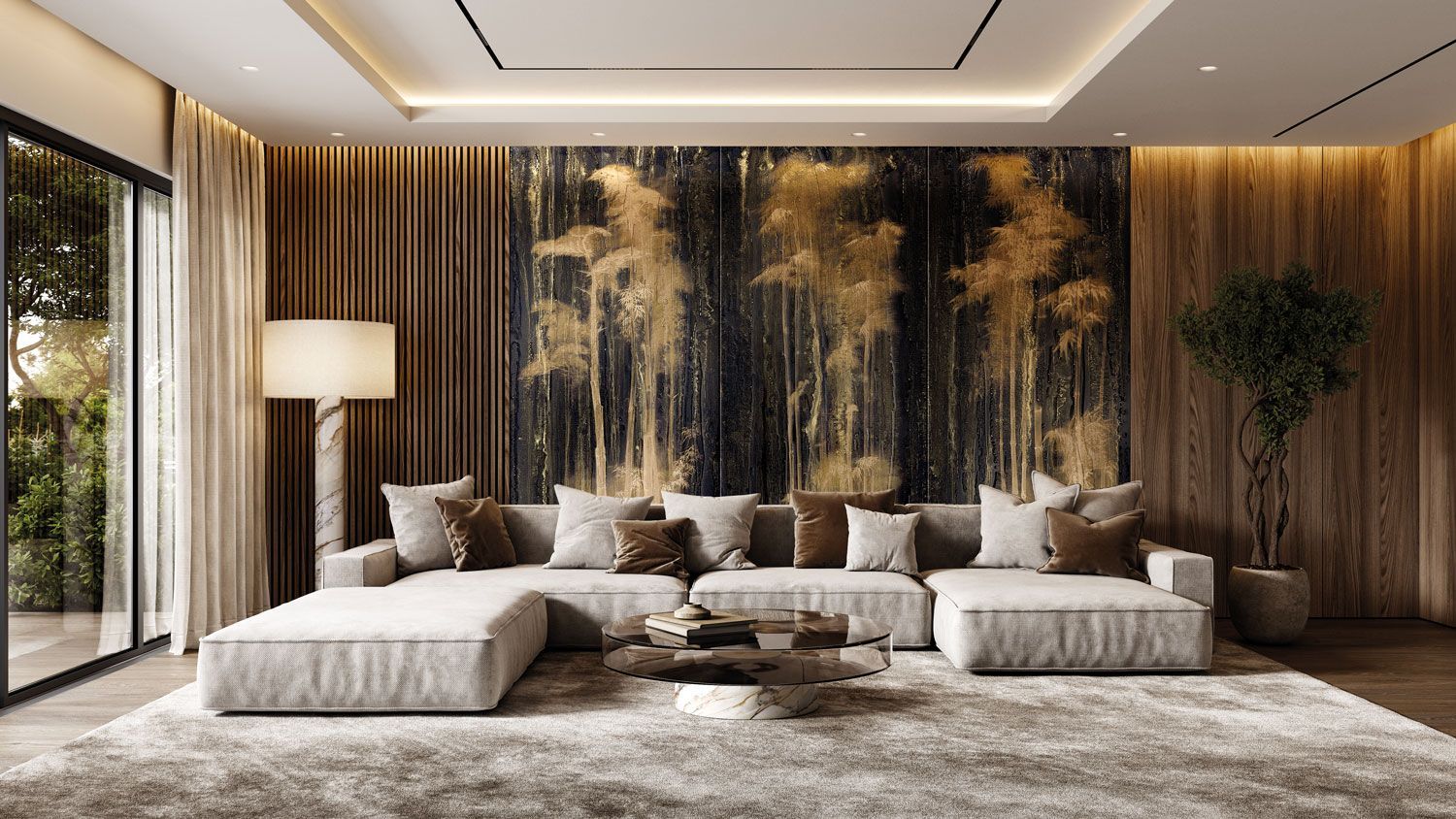 Soggiorno con un grande divano componibile grigio, quadri dorati e neri alle pareti e dettagli in legno.