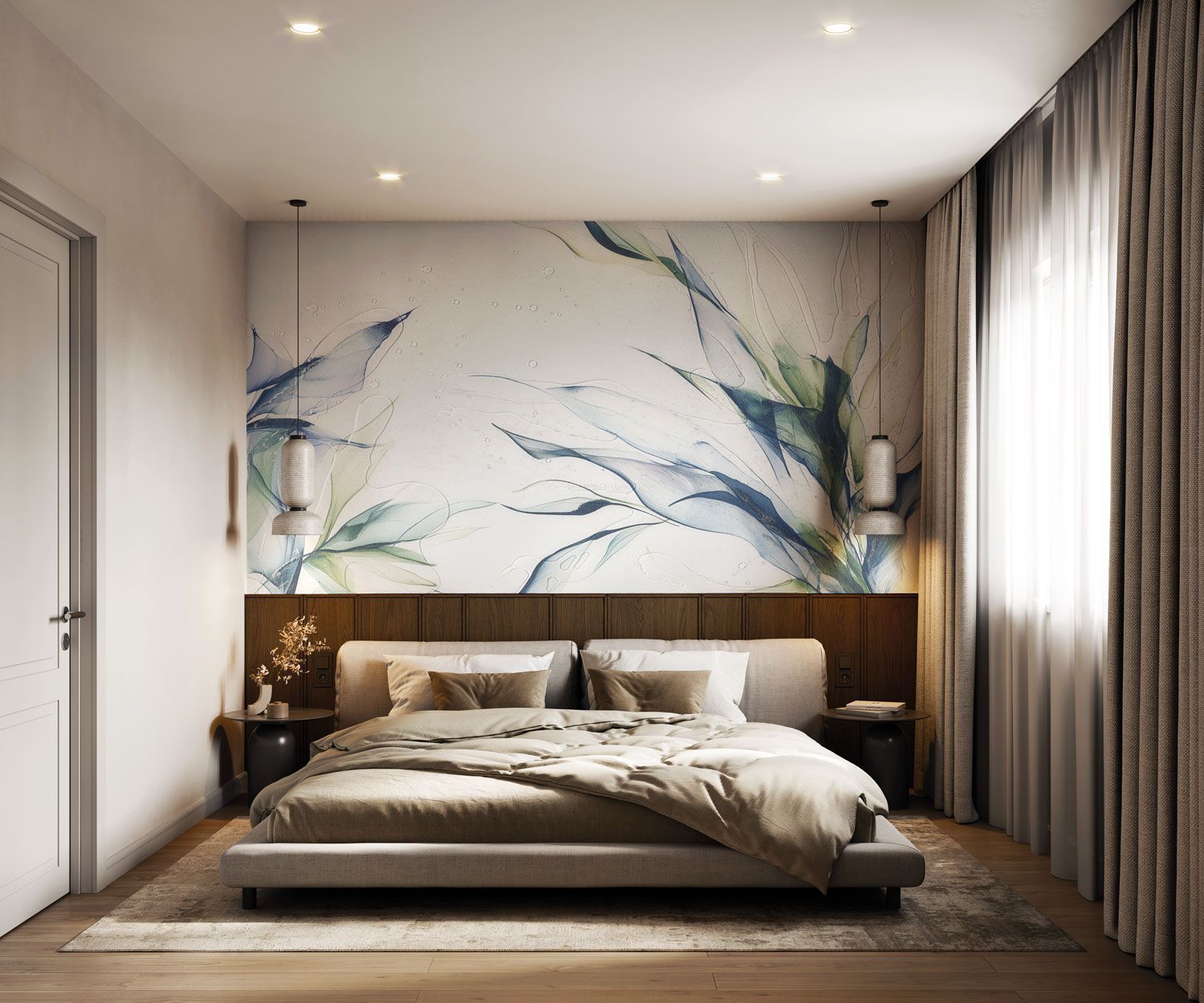 Camera da letto con un murale floreale, un letto con lenzuola grigie e una grande finestra con tende trasparenti.