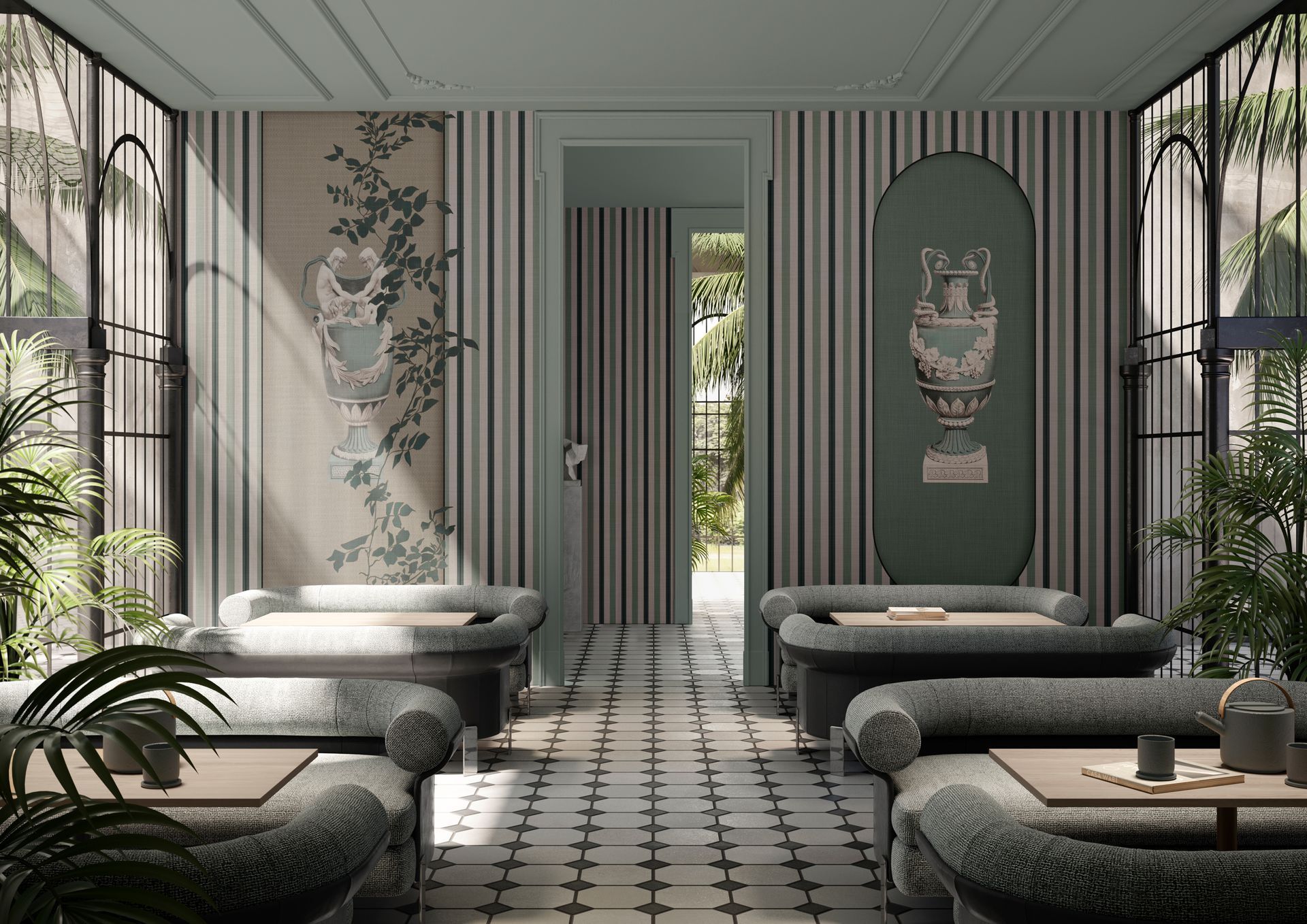 Elegante spazio interno con carta da parati botanica, posti a sedere, tavolini e vista sul giardino.