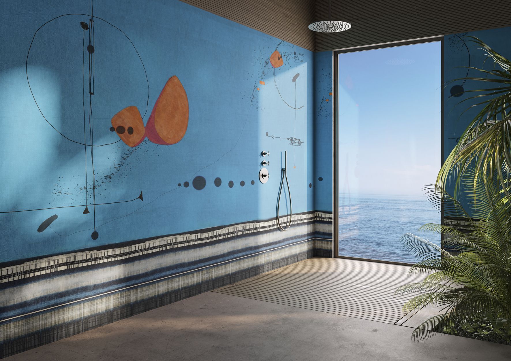 Doccia con pareti blu e opere d'arte astratte, con vista sull'oceano. Luce naturale, pavimento in pietra con motivo a onde.