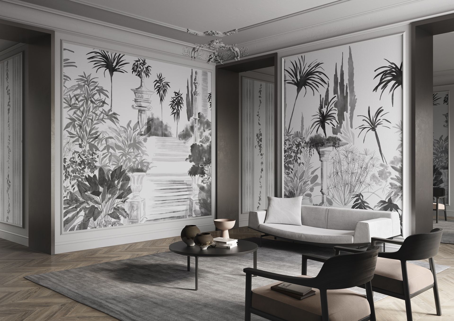 Elegante soggiorno con murale bianco e nero, divano, sedie e tavolino.