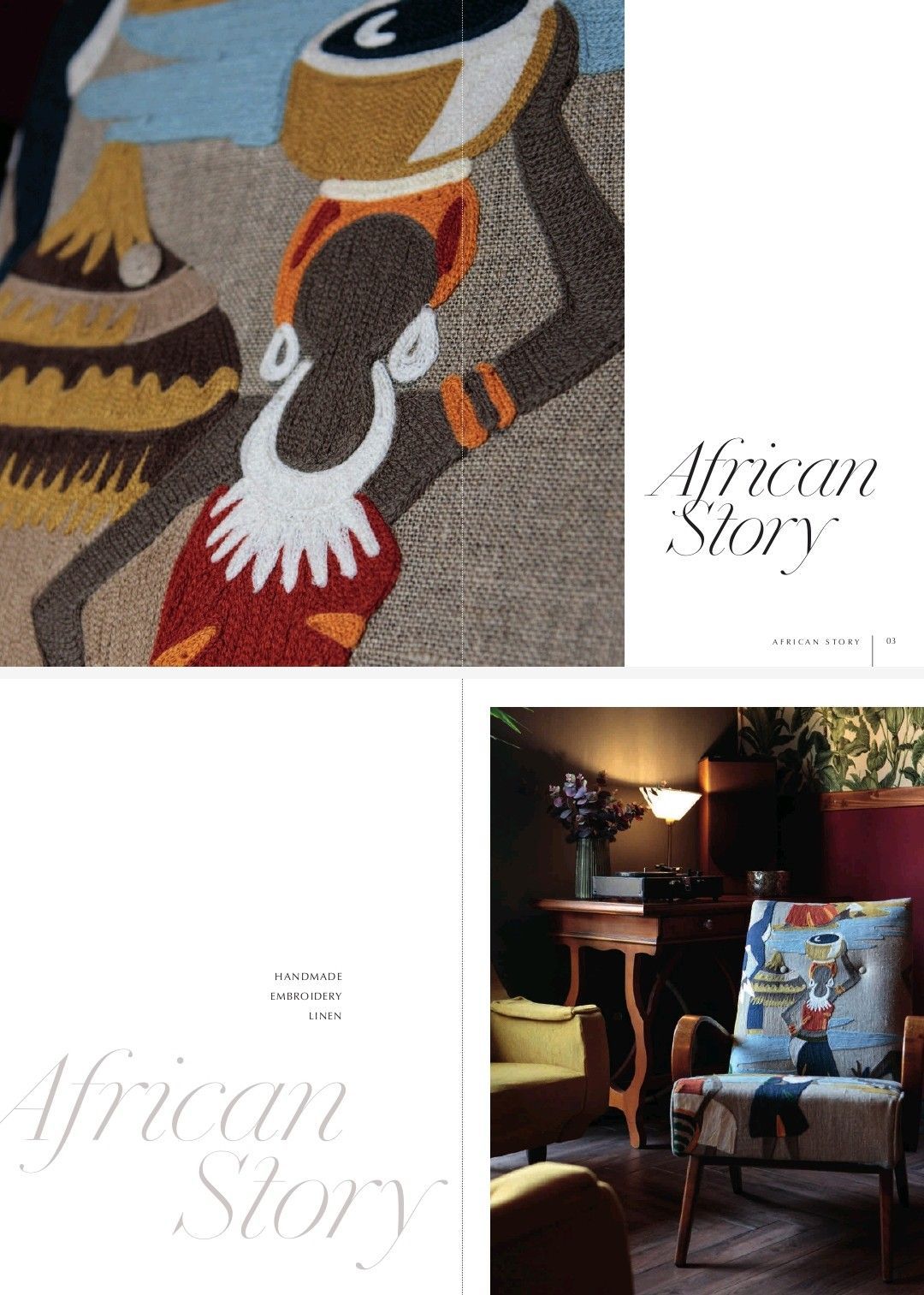 Arte tessile e arredamento d'interni: donna che porta una brocca d'acqua, cuscino su una sedia, testo