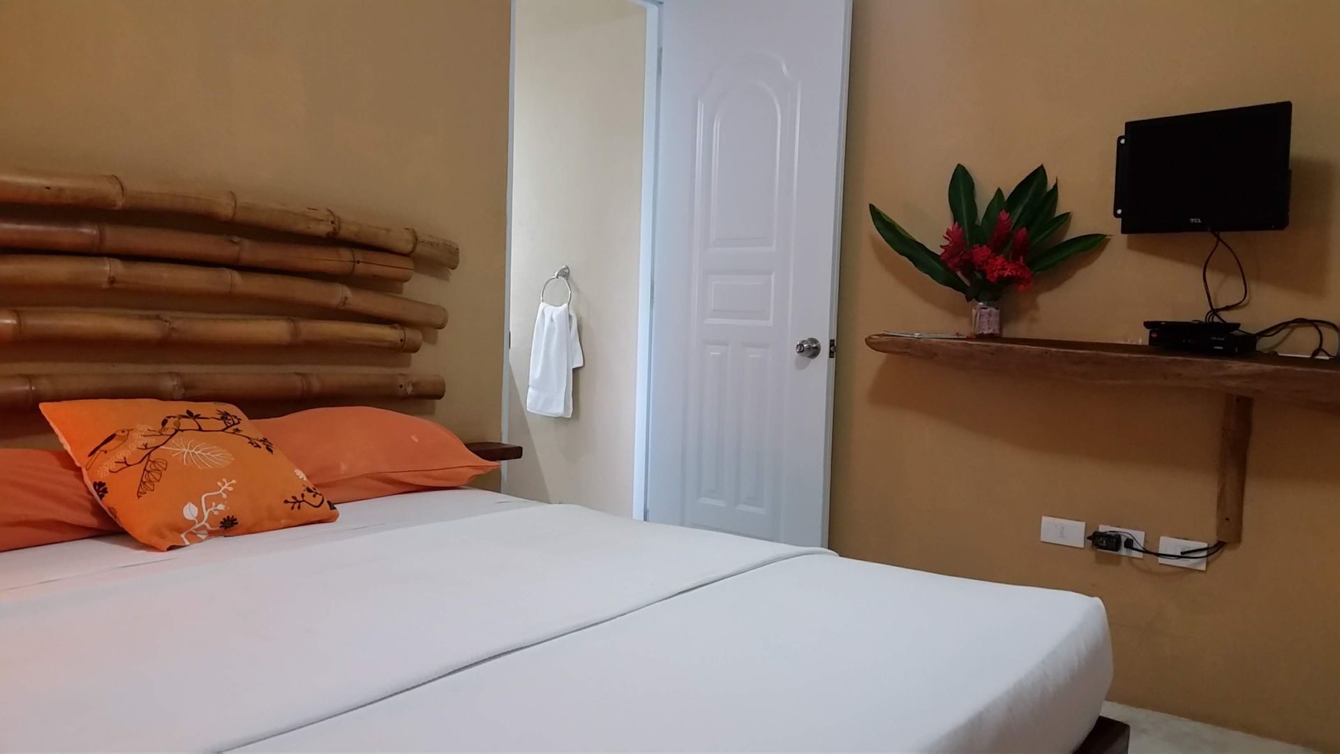 Bedroom with a bamboo headboard, white bedding, TV, and a white door.