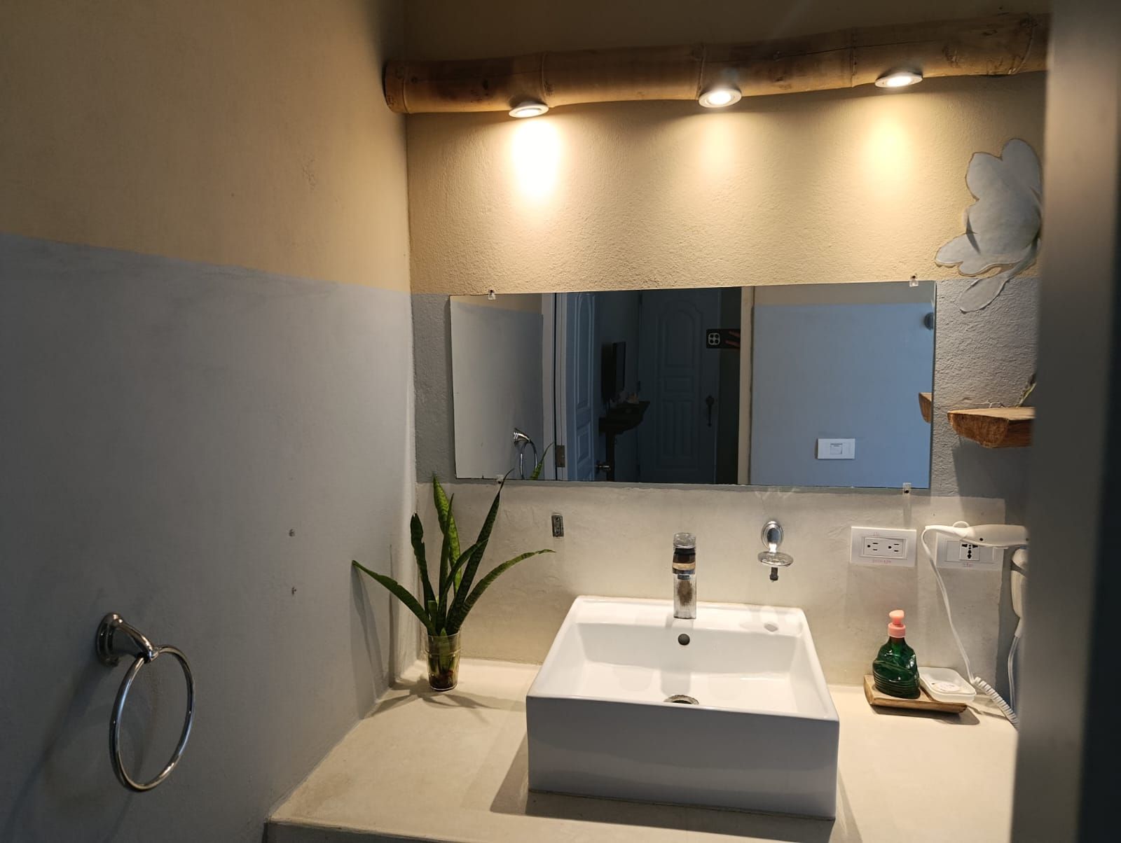 Bathroom with a white square sink, mirror, and a plant. Light tan and blue walls.